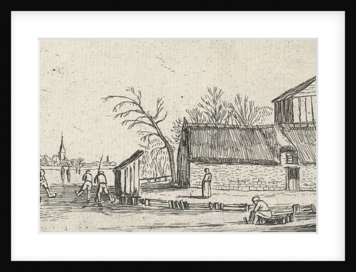Frozen river with skaters on a farm by Claes Jansz. Visscher II