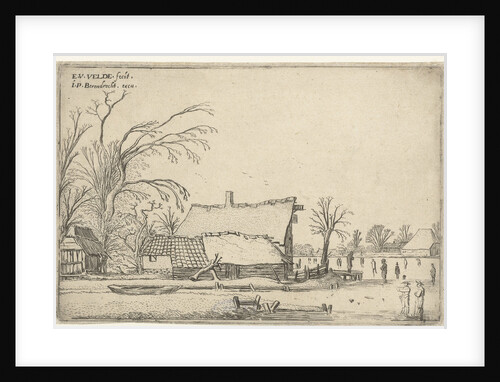 Farm in frozen river with skaters by Esaias van de Velde