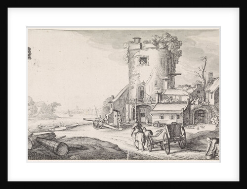 Soldiers in a tower in a river landscape by Jan van de Velde II