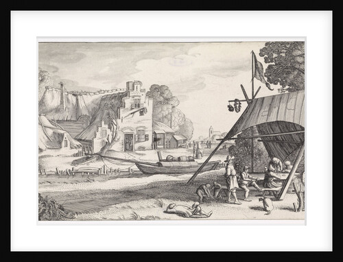 Under a tent are some peasants drinking at a table by Jan van de Velde II