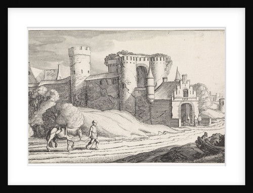 Farmer with a horse on a road along a castle by Jan van de Velde II