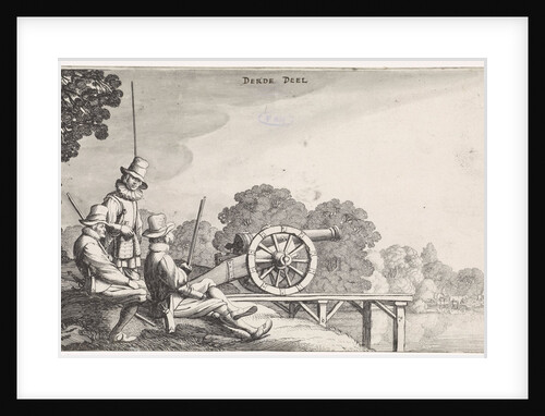 Soldiers with a gun on a dock on a river by Jan van de Velde II