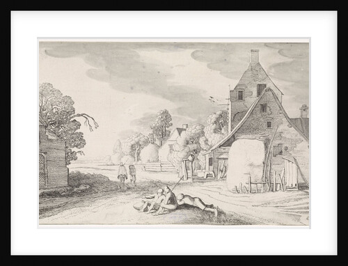 Resting farmers along a road in a village by Jan van de Velde II