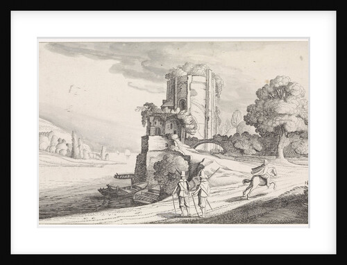 Two men conversing on a path and a rider galloping at a round tower in a river landscape, On the horizon sailing ships by Jan van de Velde II