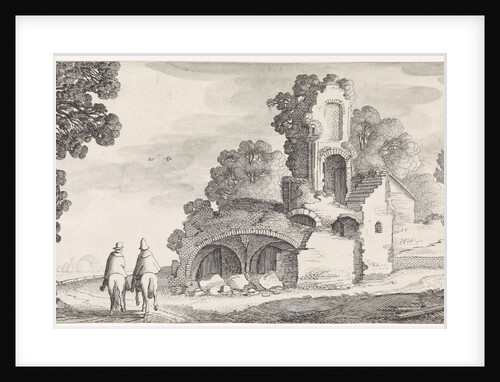 Two riders seen from behind on a path along a ruin by Jan van de Velde II