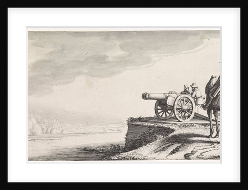 Horseman and two soldiers with a gun on a riverbank by Jan van de Velde II