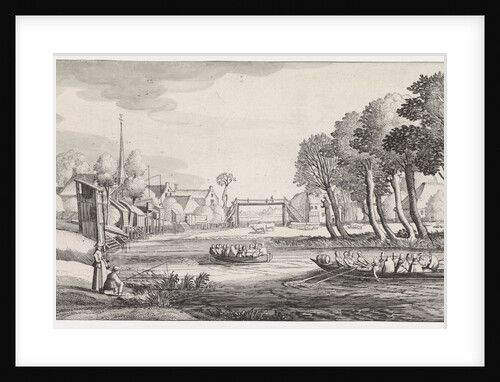 On a river, passengers in large rowboats approaching a village by Jan van de Velde II