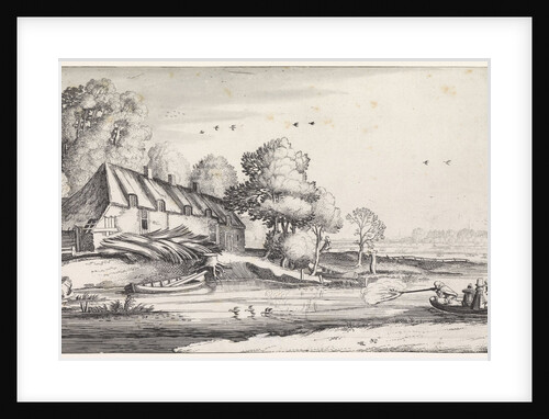 Duck hunting on a river at a farm by Jan van de Velde II