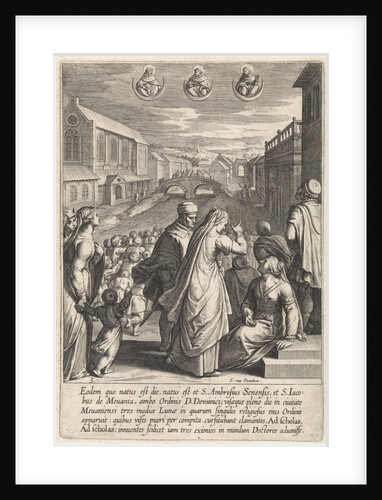 Cityscape with in the foreground a group of figures, looking up at the sky by Egbert van Panderen