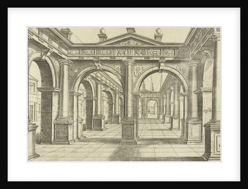 building with double bow in the middle in Doric style by Hans Vredeman de Vries