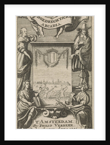 Four figures around a frame with view of Dordrecht by Philip Verbeek