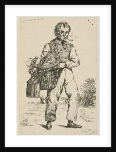 With a basket under his arm and a lantern in hand, walks a pipe-smoking gardener outdoors by David van der Kellen II