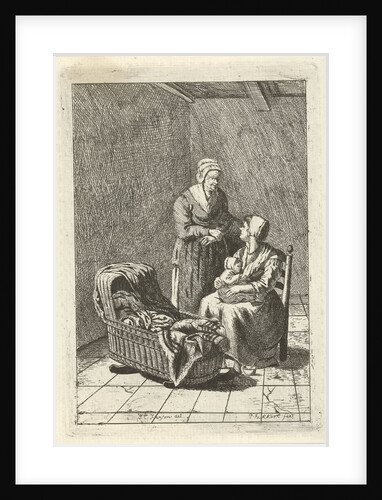 Two women and a crib by Pieter Kikkert