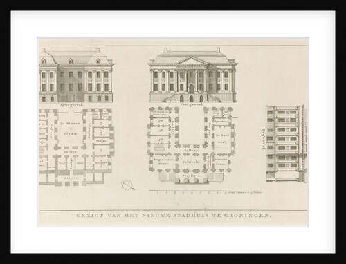 Facades and floor plans of the City Hall of Groningen by Hendrik Leffert Meyling