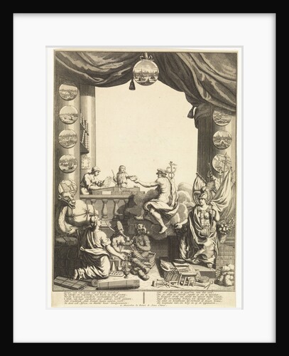 Mercury, in the cloud, giving an envelope to a boy who helps a man with his records by Hendrik Post