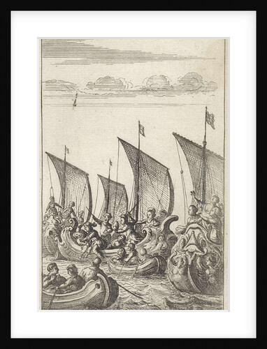 At sea soldiers fight against each other in galleys and in simple rowboats by Abraham Dircksz Santvoort