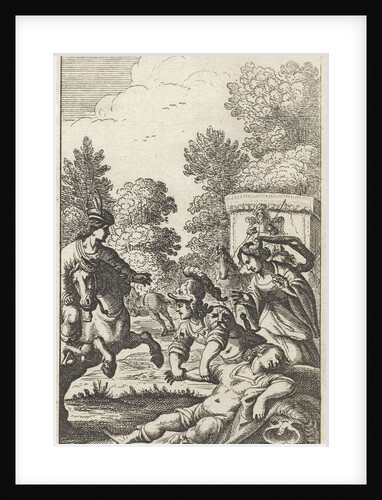 Three persons around the body of a soldier by Gerrit van Goedesberg