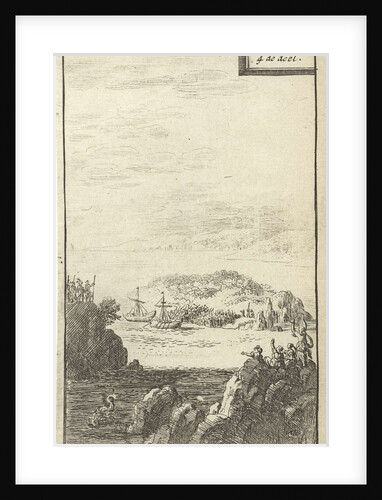 Two galleys with soldiers in a bay by Gerrit van Goedesberg