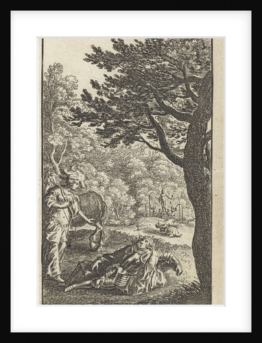 In a park left a huntress with a bow, for her is a man in armor on the ground, he is probably the horse behind her cases, further on is his helmet by Abraham Dircksz Santvoort