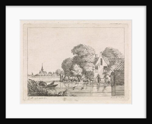 Right for a house, a man sits on a pier angling and a woman is standing, Left a village church, on the water a man in a rowboat in which a wicker trap by A. van de Velde