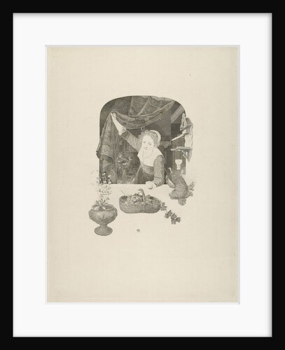 A young woman with a basket of fruit in her hand in a window by Henricus Wilhelmus Couwenberg