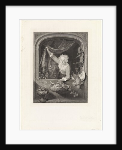 Woman with basket of fruit in her hand at the window by Henricus Wilhelmus Couwenberg