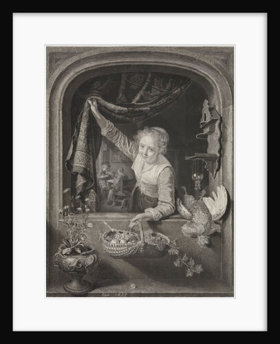 Woman with basket of fruit in the hand at the window by Henricus Wilhelmus Couwenberg