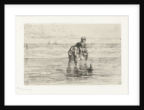 Children playing with a boat on the beach by Jozef Israëls