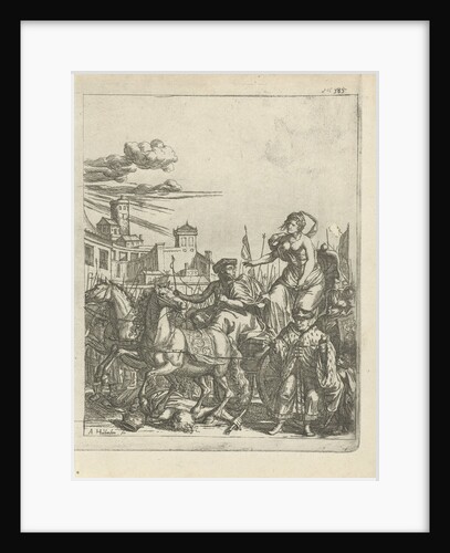 Tullia driving her car over the corpse of her father by Arnold Houbraken