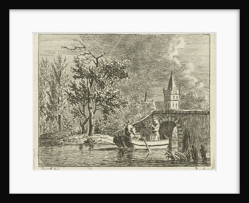 Two men in a rowing boat directly behind a stone bridge by Ernst Willem Jan Bagelaar