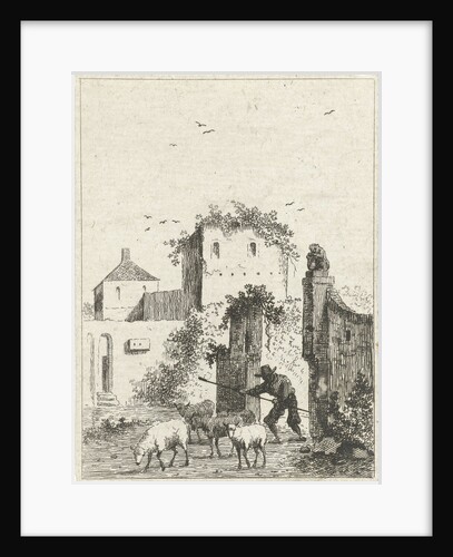 Shepherd with sheep in a village by Hendrik Meijer