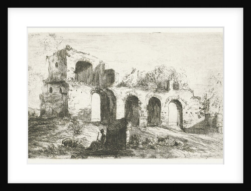 Southern landscape with ruins and a shepherd with cattle by Willem Matthias Jan van Dielen