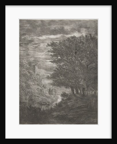 Hill landscape with ruins and little boat on water at moonlight by Willem Matthias Jan van Dielen