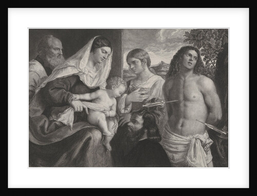 St. Sebastian, Mary with Child and three figures, In the background sweeping hills by Johannes de Mare