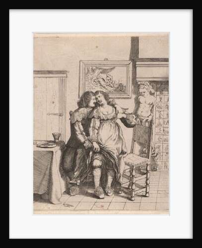 A woman sitting on the lap of a man by William Basse