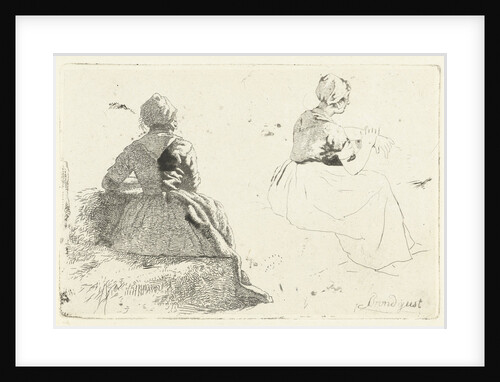 Two figure studies of peasant woman sitting on hay bale by Albertus Brondgeest