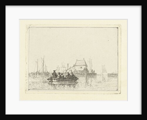 River view with rowing boat at pier by Albertus Brondgeest