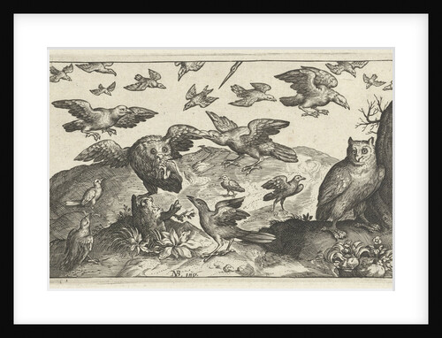 Owl with prey attacked by other birds by Claes Jansz. Visscher II