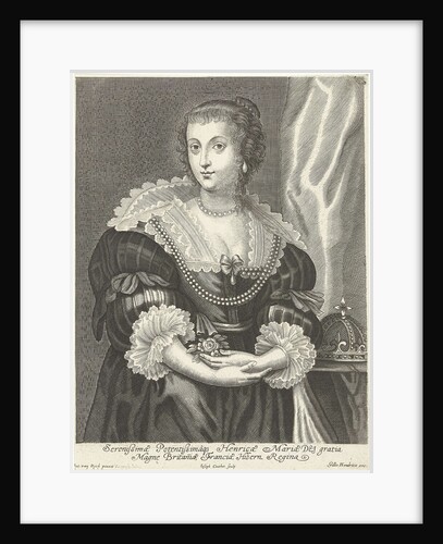 Portrait of Henrietta Maria, elbow, seen from the front, She holds a flower in the hand, Beside her on a table is her crown by Adriaen Lommelin