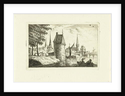 Cityscape with tower on river by Johannes van Cuylenburgh