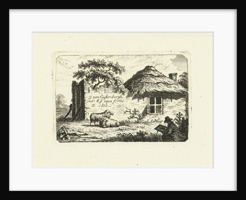 Artist at rundown farmhouse with two sheep by Johannes van Cuylenburgh