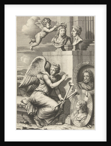 Fame sitting at portraits of rulers with laurel wreaths by Charles Errard fils