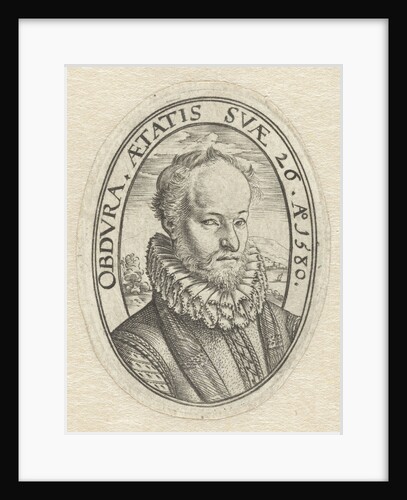 Portrait Bust of a young man with a beard, in oval with Latin inscription, Belongs to a family crest by Hendrick Goltzius