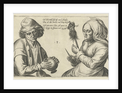 Left a man with a bottle in his hands Right, a woman spinning by Julius Goltzius