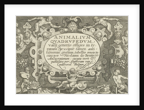 Title print with title cartouche surrounded by monkeys to work as a goldsmith by Assuerus van Londerseel