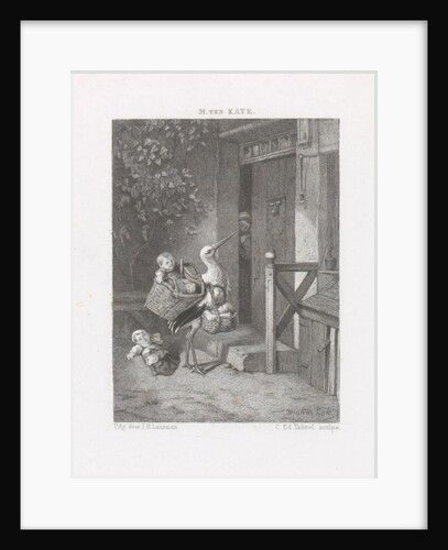 Stork with babies for a house door by J.H. Laarman