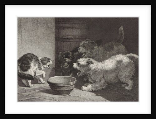 Cat and three barking dogs and a dish by J.F. Brugman