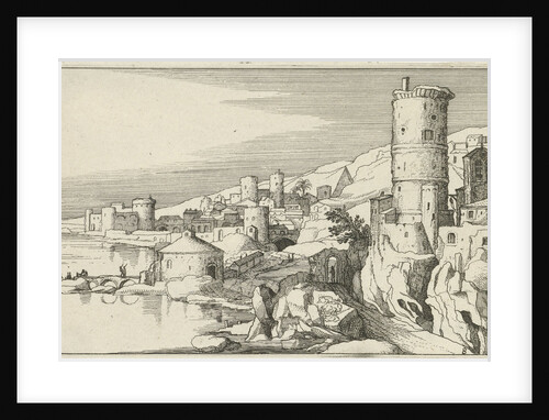 City with several towers on the waterfront in the foreground is a road under a gate by Willem van Nieulandt II