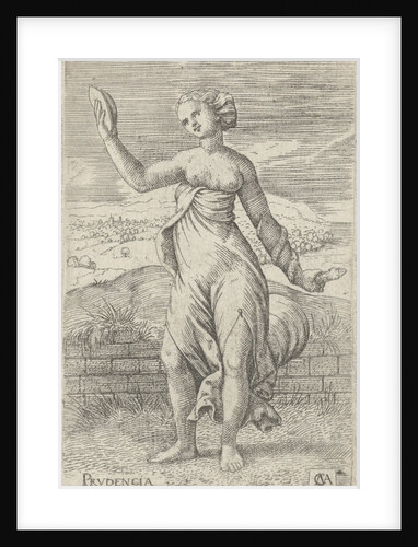 personification of virtue Prudence with a mirror in one hand where she looks and in the other hand a snake by Cornelis Massijs