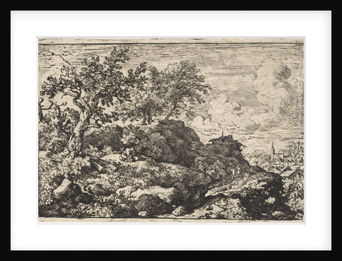 Mountain landscape with person sitting on mountain by Allaert van Everdingen